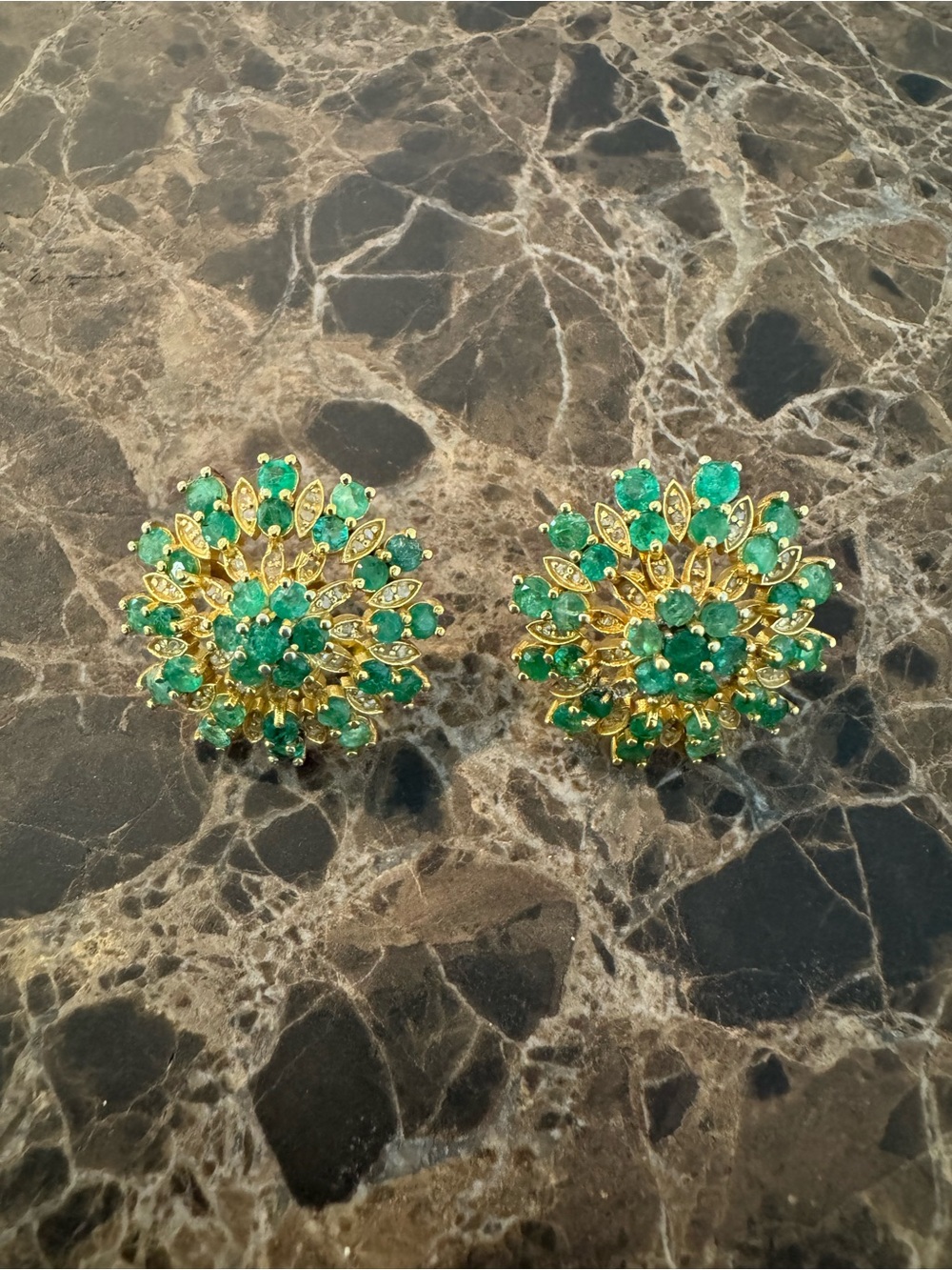 Gold-Tone Emerald Cluster Floral Stud Earrings - Green